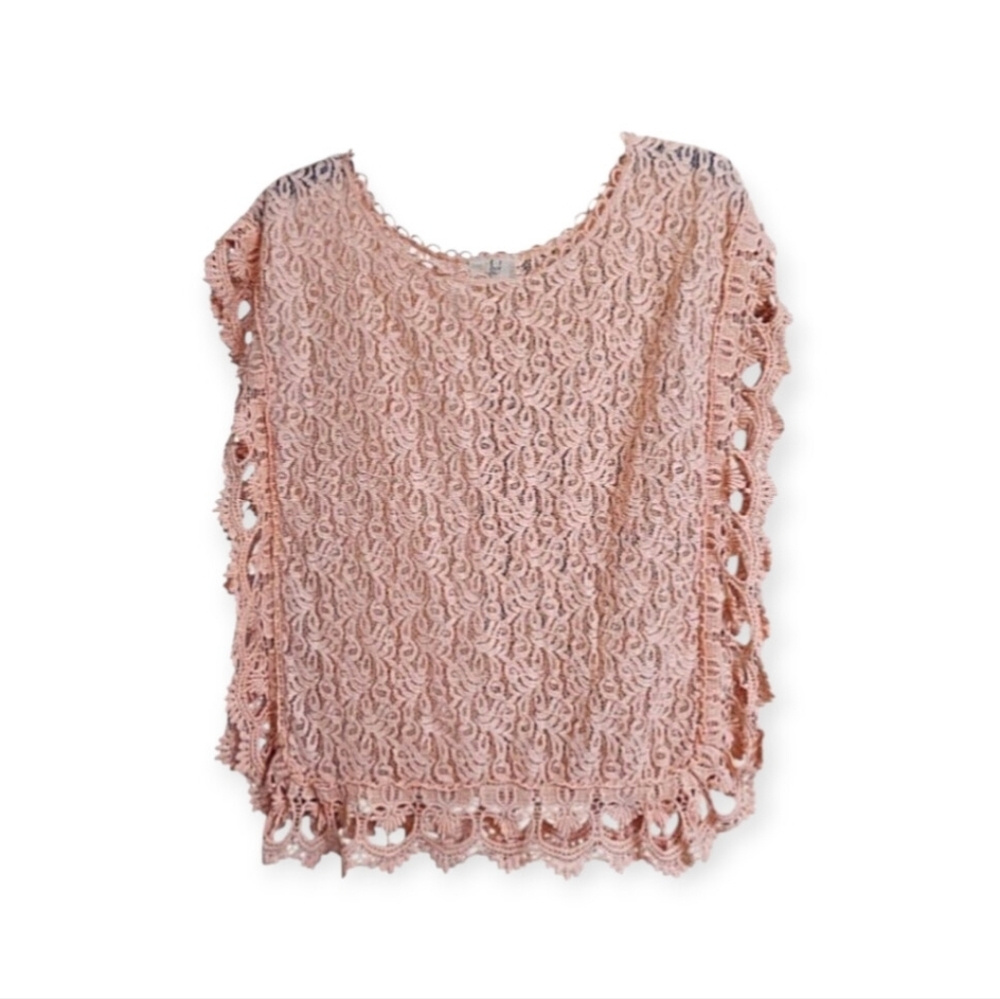 Lost Pink Peach Blush Boho Crochet Cap Sleeve Top, Size Small